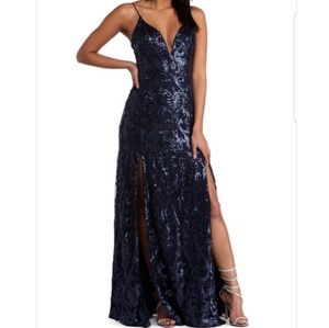Navy Blue Sequin Evening Gown